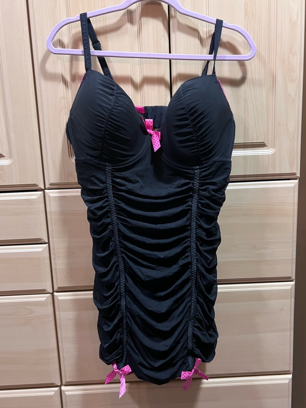 Jezebel Black Ruched Lingerie Top with Bright Pink Trim